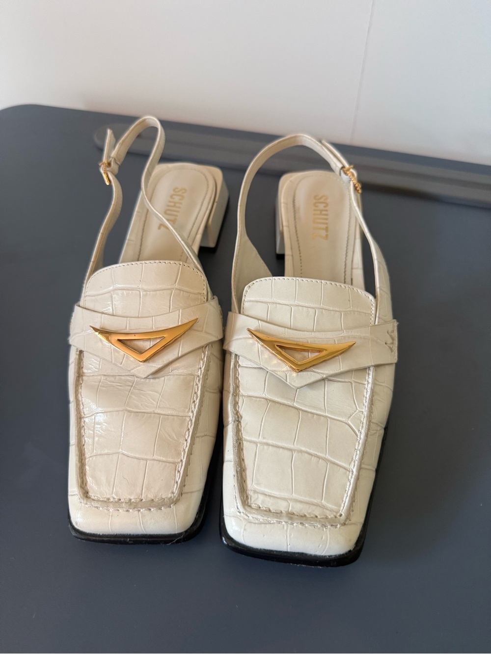 Schutz, Sling Back loafer, cream croc embossed leather, 7.5